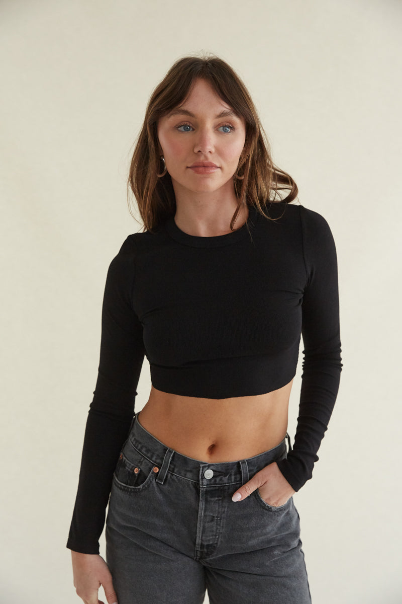 O Neck Long Sleeve Shirt Women Ribbed Sexy Cropped Tops 2024