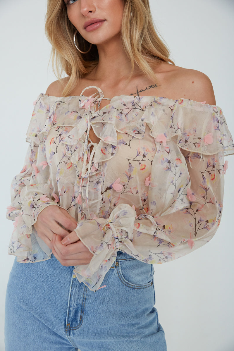 Ladies Top floral chiffon blouses for women tops ruffles stand